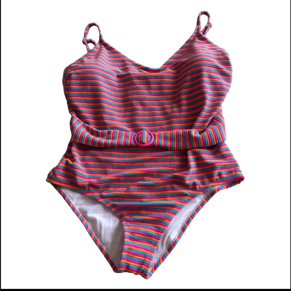 Freshwater Multi-Stripe Belted Halter One Piece Swimsuit XXL NEW